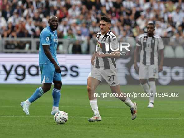 Andrea Cambiaso during the Serie A 2024-2025 match between Juventus and Napoli in Turin, Italy, on September 21, 2024 