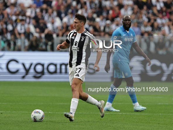 Andrea Cambiaso during the Serie A 2024-2025 match between Juventus and Napoli in Turin, Italy, on September 21, 2024 