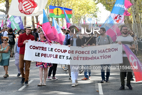 Protesters against the government of Michel Barnier and French President Emmanuel Macron in Lyon, France, on September 21, 2024. 