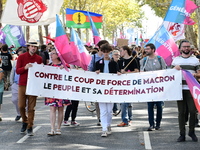 Protesters against the government of Michel Barnier and French President Emmanuel Macron in Lyon, France, on September 21, 2024. (