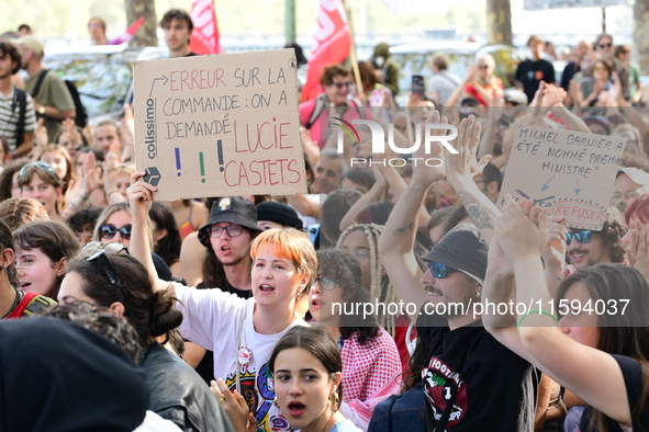 Protesters against the government of Michel Barnier and French President Emmanuel Macron in Lyon, France, on September 21, 2024. 