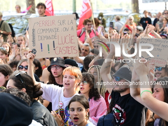 Protesters against the government of Michel Barnier and French President Emmanuel Macron in Lyon, France, on September 21, 2024. (