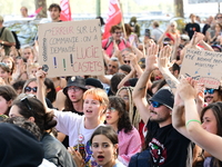 Protesters against the government of Michel Barnier and French President Emmanuel Macron in Lyon, France, on September 21, 2024. (