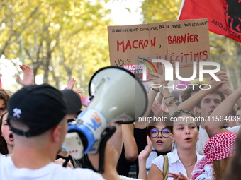 Protesters against the government of Michel Barnier and French President Emmanuel Macron in Lyon, France, on September 21, 2024. (