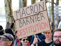 Protesters against the government of Michel Barnier and French President Emmanuel Macron in Lyon, France, on September 21, 2024. (