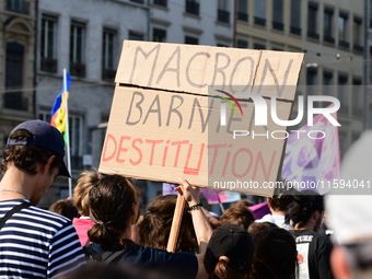 Protesters against the government of Michel Barnier and French President Emmanuel Macron in Lyon, France, on September 21, 2024. (