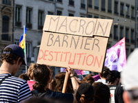 Protesters against the government of Michel Barnier and French President Emmanuel Macron in Lyon, France, on September 21, 2024. (