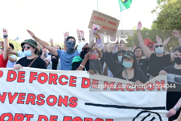 Protesters against the government of Michel Barnier and French President Emmanuel Macron in Lyon, France, on September 21, 2024. 