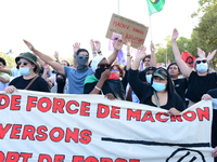 Protesters against the government of Michel Barnier and French President Emmanuel Macron in Lyon, France, on September 21, 2024. (