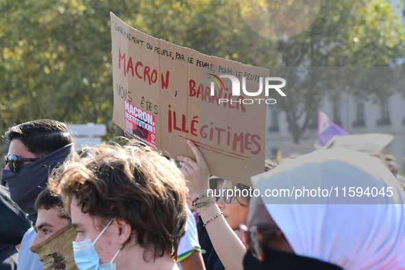 Protesters against the government of Michel Barnier and French President Emmanuel Macron in Lyon, France, on September 21, 2024. 