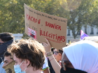 Protesters against the government of Michel Barnier and French President Emmanuel Macron in Lyon, France, on September 21, 2024. (