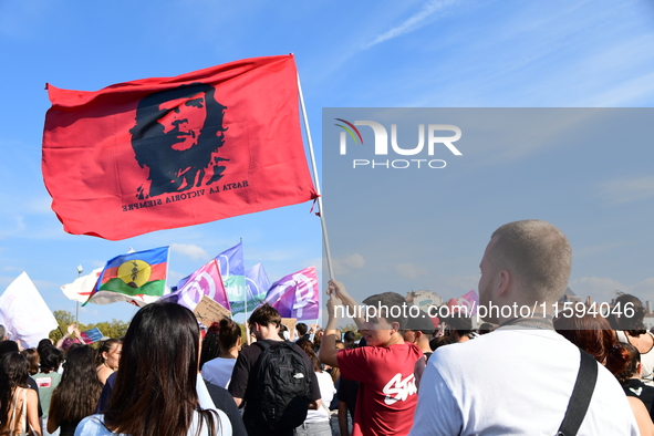 Protesters against the government of Michel Barnier and French President Emmanuel Macron in Lyon, France, on September 21, 2024. 