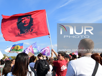 Protesters against the government of Michel Barnier and French President Emmanuel Macron in Lyon, France, on September 21, 2024. (