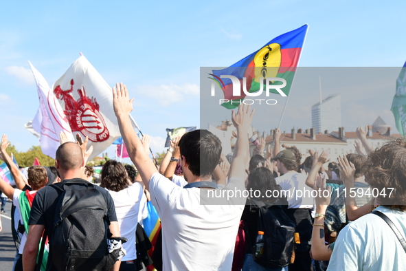 Protesters against the government of Michel Barnier and French President Emmanuel Macron in Lyon, France, on September 21, 2024. 