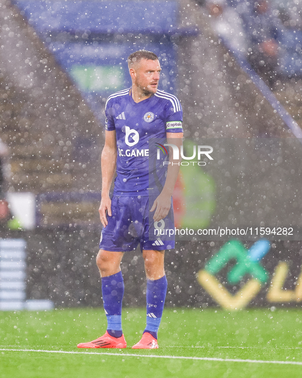 Jamie Vardy of Leicester City during the Premier League match between Leicester City and Everton at the King Power Stadium in Leicester, Eng...