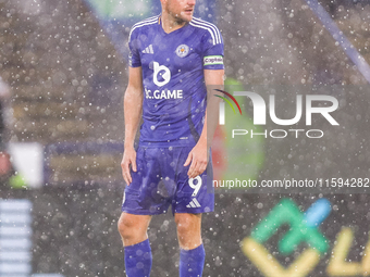 Jamie Vardy of Leicester City during the Premier League match between Leicester City and Everton at the King Power Stadium in Leicester, Eng...