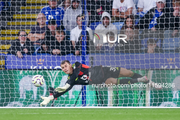 #30, Mads Hermansen of Leicester City makes the save during the Premier League match between Leicester City and Everton at the King Power St...