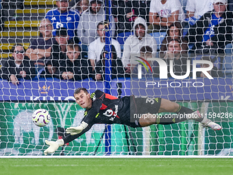 #30, Mads Hermansen of Leicester City makes the save during the Premier League match between Leicester City and Everton at the King Power St...