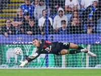 #30, Mads Hermansen of Leicester City makes the save during the Premier League match between Leicester City and Everton at the King Power St...