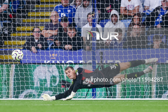 #30, Mads Hermansen of Leicester City makes the save during the Premier League match between Leicester City and Everton at the King Power St...