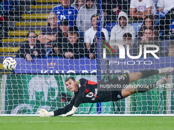 #30, Mads Hermansen of Leicester City makes the save during the Premier League match between Leicester City and Everton at the King Power St...