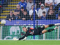 #30, Mads Hermansen of Leicester City makes the save during the Premier League match between Leicester City and Everton at the King Power St...