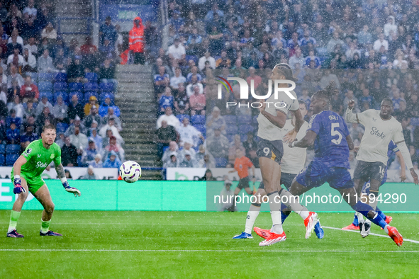 Action in the Everton goal area during the Premier League match between Leicester City and Everton at the King Power Stadium in Leicester, E...