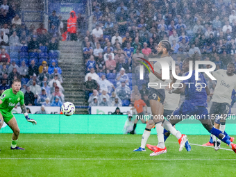 Action in the Everton goal area during the Premier League match between Leicester City and Everton at the King Power Stadium in Leicester, E...