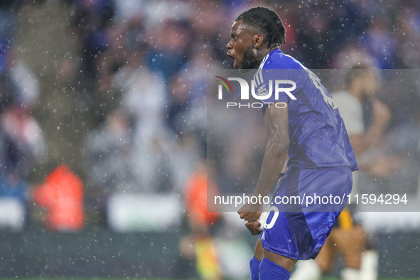 #10, Stephy Mavididi of Leicester City celebrates his goal to make it 1-1 during the Premier League match between Leicester City and Everton...