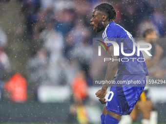 #10, Stephy Mavididi of Leicester City celebrates his goal to make it 1-1 during the Premier League match between Leicester City and Everton...