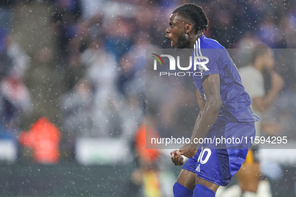 #10, Stephy Mavididi of Leicester City celebrates his goal to make it 1-1 during the Premier League match between Leicester City and Everton...