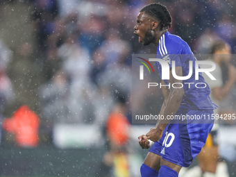 #10, Stephy Mavididi of Leicester City celebrates his goal to make it 1-1 during the Premier League match between Leicester City and Everton...