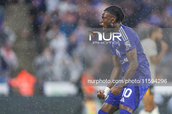 #10, Stephy Mavididi of Leicester City celebrates his goal to make it 1-1 during the Premier League match between Leicester City and Everton...