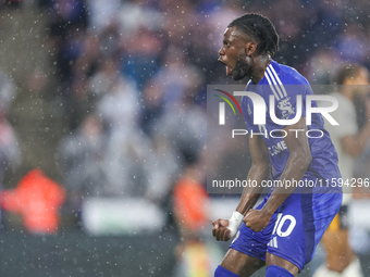 #10, Stephy Mavididi of Leicester City celebrates his goal to make it 1-1 during the Premier League match between Leicester City and Everton...