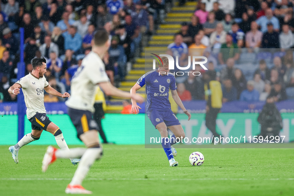 Victor Kristiansen of Leicester City handles the ball during the Premier League match between Leicester City and Everton at the King Power S...