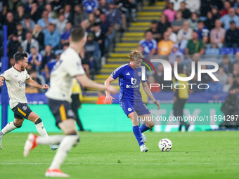 Victor Kristiansen of Leicester City handles the ball during the Premier League match between Leicester City and Everton at the King Power S...