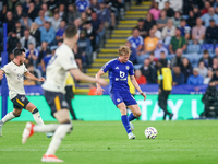 Victor Kristiansen of Leicester City handles the ball during the Premier League match between Leicester City and Everton at the King Power S...