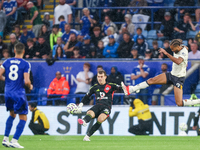 #30, Mads Hermansen of Leicester City clears the ball under pressure from #9, Dominic Calvert-Lewin of Everton during the Premier League mat...