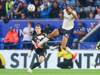 #30, Mads Hermansen of Leicester City clears the ball under pressure from #9, Dominic Calvert-Lewin of Everton during the Premier League mat...