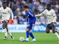 #40, Facundo Buonanotte of Leicester City is pressed by #16, Abdoulaye Doucoure of Everton during the Premier League match between Leicester...