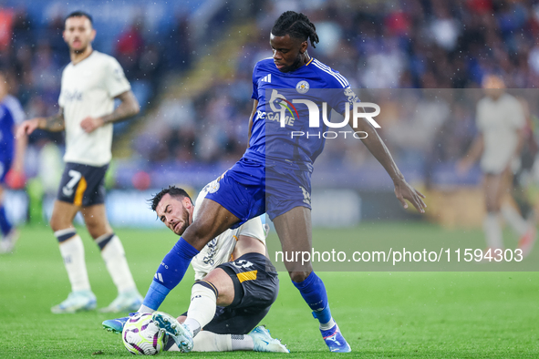 Stephy Mavididi of Leicester City is challenged for possession during the Premier League match between Leicester City and Everton at the Kin...