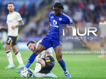 Stephy Mavididi of Leicester City is challenged for possession during the Premier League match between Leicester City and Everton at the Kin...