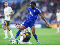 Stephy Mavididi of Leicester City is challenged for possession during the Premier League match between Leicester City and Everton at the Kin...