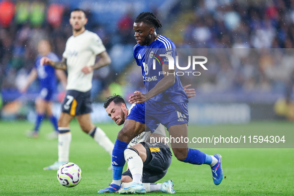 Stephy Mavididi of Leicester City is challenged for possession during the Premier League match between Leicester City and Everton at the Kin...