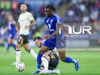 Stephy Mavididi of Leicester City is challenged for possession during the Premier League match between Leicester City and Everton at the Kin...