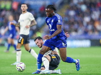 Stephy Mavididi of Leicester City is challenged for possession during the Premier League match between Leicester City and Everton at the Kin...