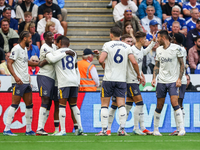 Everton celebrate the goal by #10, Ilman Ndiaye of Everton (hidden), during the Premier League match between Leicester City and Everton at t...