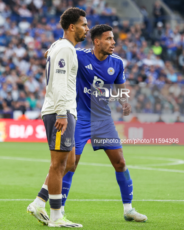 Ilman Ndiaye of Everton jostles for position with James Justin of Leicester City during the Premier League match between Leicester City and...