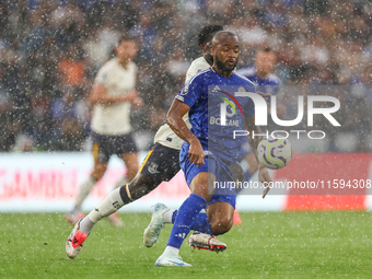 Jordan Ayew of Leicester City is in action with the ball during the Premier League match between Leicester City and Everton at the King Powe...