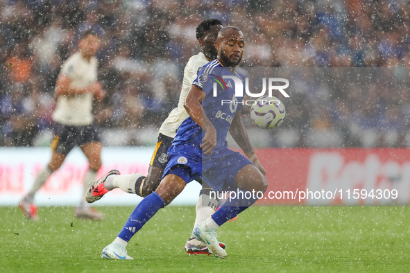 Jordan Ayew of Leicester City is in action with the ball during the Premier League match between Leicester City and Everton at the King Powe...